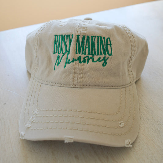 "Busy Making Memories" Embroidered Hat – Khaki Distressed Dad Cap | Memory Maker Gift, Travel Hat, Vintage Look